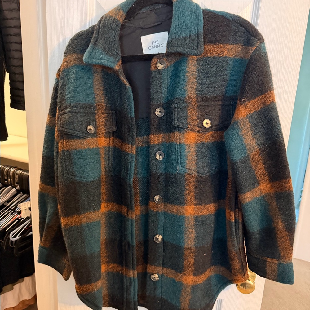 Wilfred Teal and Orange Plaid Shirt Jacket